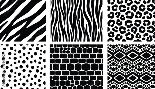 Animal skin patterns set of black and white vector illustrations