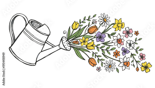 A watering can illustration with colorful flowers and leaves emerging from it