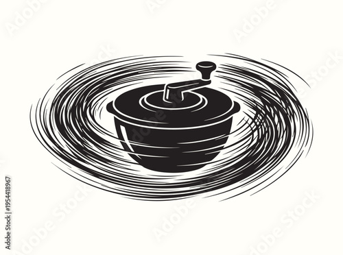 Solid black silhouette of a round salad spinner bowl in dynamic centrifugal action