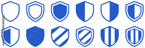 Shield icons set with security, protection, defense, safety, secure, privacy, firewall, antivirus, encryption, cybersecurity, data protection, access control, secure login, network security symbols. 