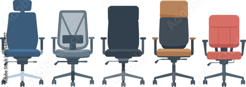 Set of five different ergonomic office chair flat vector illustrations in various colors and designs isolated on white background for interior workspace and corporate office furniture concepts.