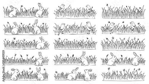 Rabbits and birds in a grassy field with flowers illustration