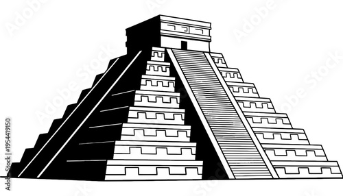 Pyramid ancient Mayan temple vector illustration in black and white
