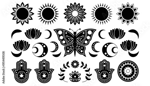 A collection of black and white vector icons featuring celestial and mystical symbols.