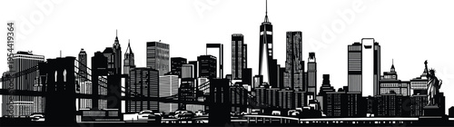 New York City Skyline Vector Illustration Featuring Brooklyn Bridge One World Trade Center Statue of Liberty and Manhattan Buildings Silhouette Art