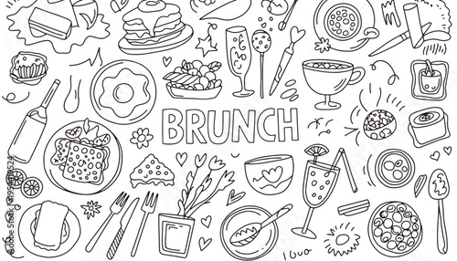 Brunch vector illustration with various food and drink items on a white background