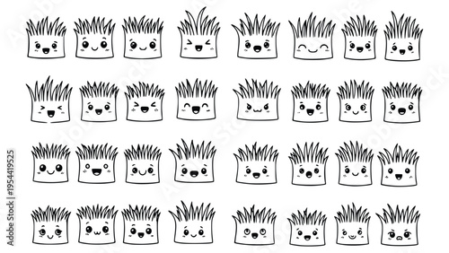 Cartoon grass heads with various happy and surprised expressions