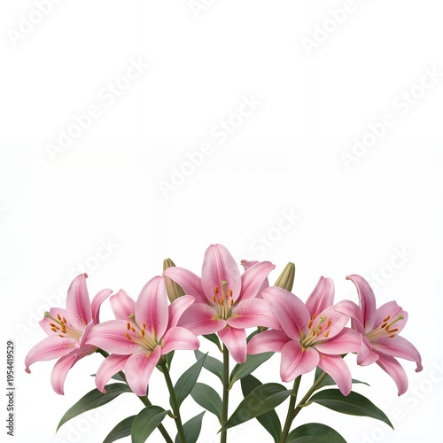 Pink Lilies with Green Leaves Isolated on White Background
