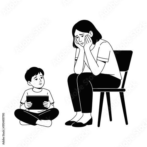 A worried mother sitting on a chair with her upset child holding a tablet