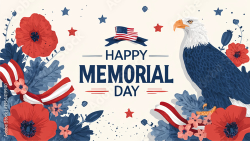 Memorial Day vector illustration with eagle, flowers and text
