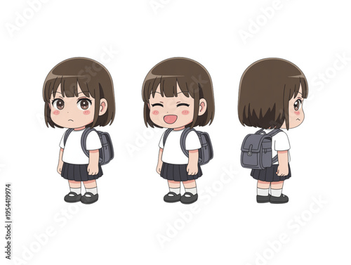 Cute anime girl character sheet vector illustration, schoolgirl with backpack in different poses and expressions
