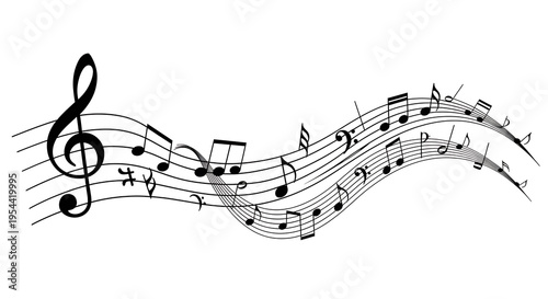 Decorative musical staff wave with floating notes and clefs 2026