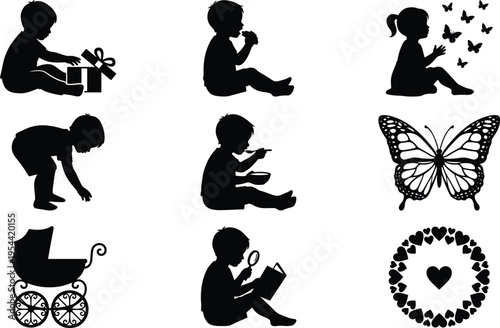 Children silhouettes set kids playing reading eating and baby stroller butterfly love elements vector illustration black white design isolated collection