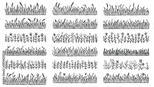 Various grass and flower line art designs for creative projects and backgrounds