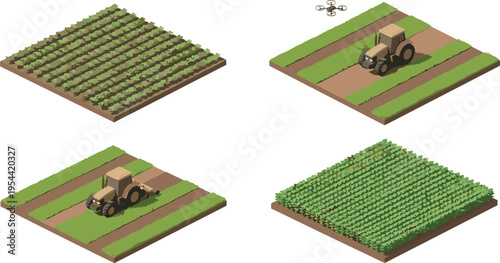 Isometric smart agriculture farm with tractor drone crop fields precision farming technology rural landscape cultivation concept modern agribusiness illustration