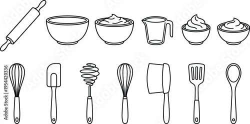 Kitchen utensil outline set featuring rolling pin bowls measuring jug whisk spatula mixer spoon and baking tools isolated on white background