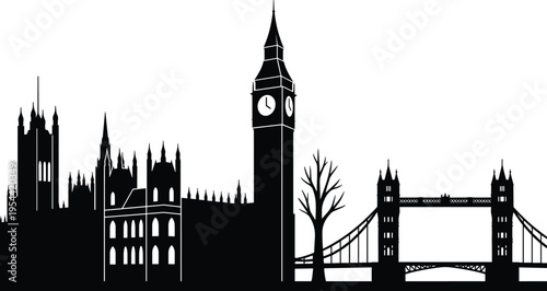 London city skyline silhouette featuring Big Ben Westminster Palace Tower Bridge and historic architecture landmarks in detailed black illustration isolated on white background