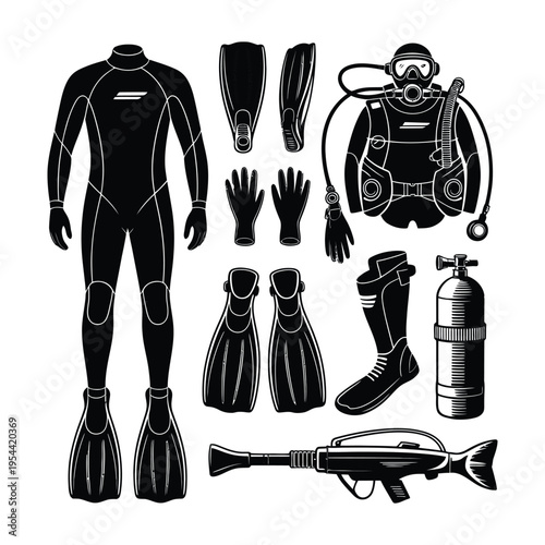 Scuba diving equipment set in black silhouette vector illustration style