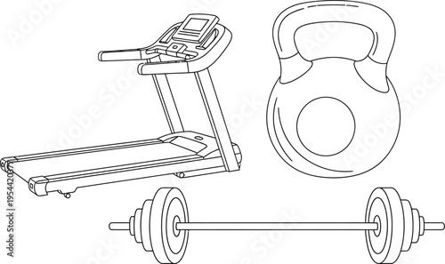 A collection of essential gym equipment, including a modern treadmill, heavy kettlebell, and a robust barbell, isolated for fitness and workout concepts.