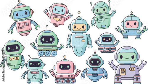 A collection of cheerful, adorable, and colorful cartoon robot characters displayed against a clean white background illustration