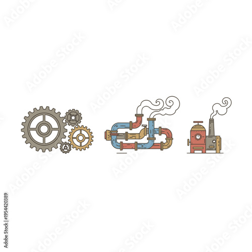Steampunk industrial machine elements collection featuring gears, pipes, and steam-powered engine illustration