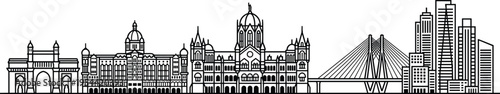 Mumbai skyline line art vector illustration iconic landmarks gateway of india victoria terminus bandra worli sea link modern cityscape outline design