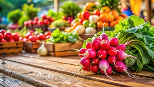 A vibrant radish on a wooden table in a bustling local market stalls for sale amidst a colorful array of regional organic produce