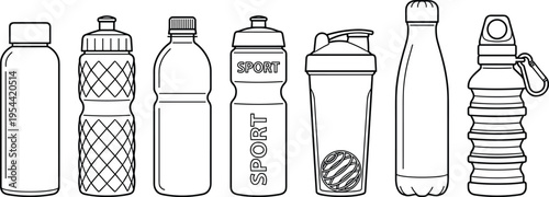 Water bottle icons set with sport flask shaker reusable drink containers outline collection hydration fitness accessories illustration design