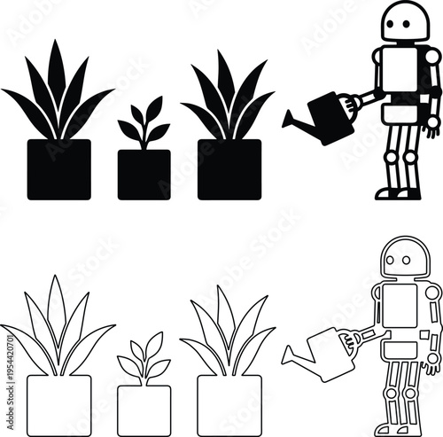 Robot watering plants illustration with indoor potted greenery smart gardening concept artificial intelligence technology caring for nature vector set
