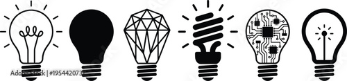 Set of creative light bulb icons featuring idea innovation technology energy saving and smart circuit concepts in clean vector line style