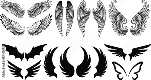 Set of wings silhouettes including angel bird bat and butterfly designs isolated on white background detailed vintage and modern illustration