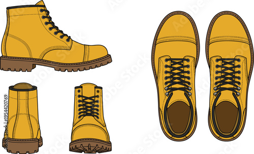 Stylish yellow leather work boots vector illustration set showing multiple angles including side top front and back views on clean background