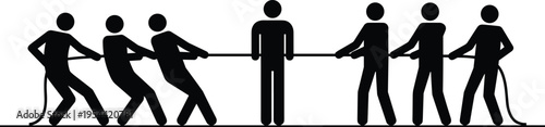 Tug of war silhouette teamwork competition concept people pulling rope vector illustration conflict balance strength business metaphor black white design