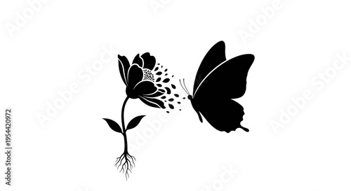 silhouette of a butterfly approaching a flower with petals turning into particles