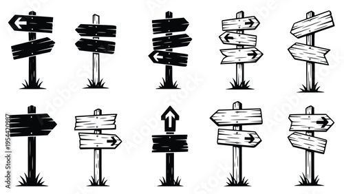 Various directional signs on posts in black and white illustrations