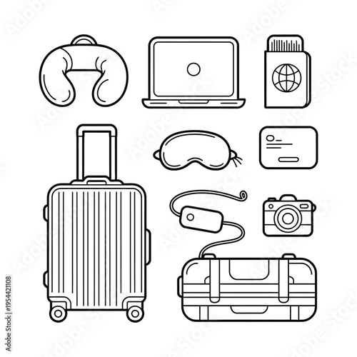 Travel luggage icon set with accessories and electronic devices for trip preparation