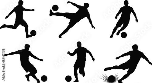 Professional soccer player silhouettes set performing dynamic football actions including kicking dribbling shooting and scoring goals in various athletic poses.