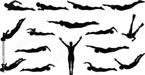Professional swimmer silhouettes collection featuring athletes in diverse swimming strokes diving and aquatic action poses for competitive water sports design.