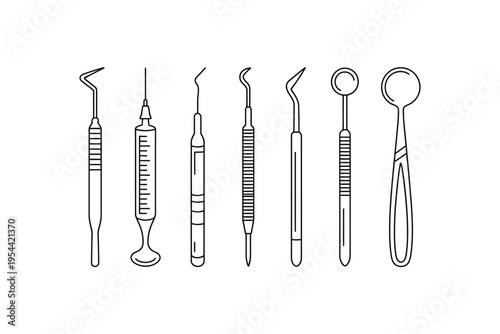 Dental instrument set illustration with various tools for oral care procedures