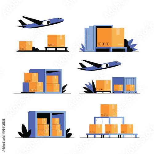 A blue and orange illustration of shipping and delivery with airplanes and boxes