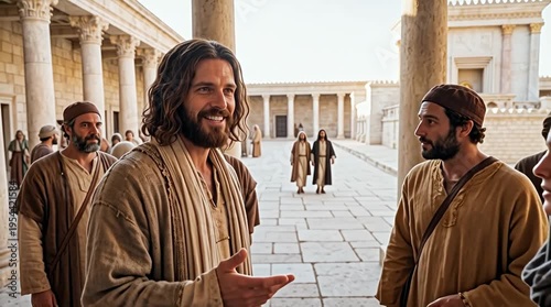 Jesus smiling gently while telling the Jews that Abraham rejoiced to see his day