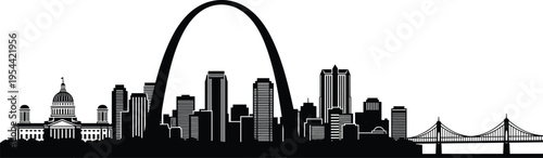 Saint Louis Missouri City Skyline Silhouette Vector Illustration Featuring the Gateway Arch Landmark One Metropolitan Square and Eads Bridge Design Element