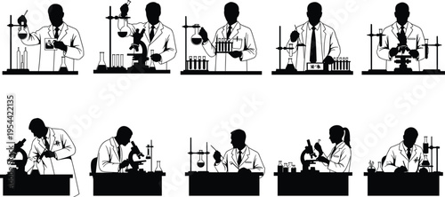 Scientist Silhouette Set Working in Laboratory with Microscope and Chemical Flasks for Medical Research Science Education and Professional Biotech Development