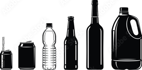 Set of beverage container silhouettes including aluminum cans plastic water bottle glass beer bottle wine bottle and gallon jug vector icons