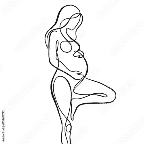 Minimal line art of a pregnant woman embracing her body in an elegant standing pose on a clean background. Feminine beauty, natural curves and maternal grace concept vector illustration.
