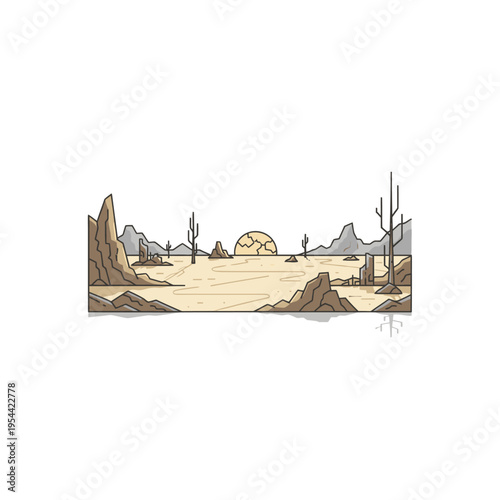 Stylized Desert Landscape with Sun and Sparse Vegetation