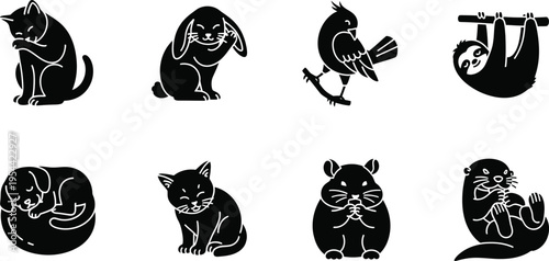 Set of Pet and Wild Animal Silhouettes Including Cat, Dog, Rabbit, Sloth, and Otter Icons Isolated on White for Pet Care Branding, Veterinary Clinics, and Wildlife Conservation Graphics