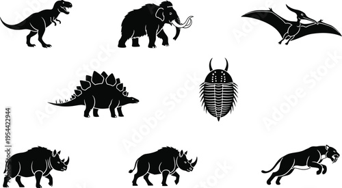Set of Prehistoric Extinct Animal Silhouettes Including Dinosaur, Mammoth, and Sabertooth Tiger Icons Isolated on White for Educational Infographics, Paleontology Design, and Vector Graphics