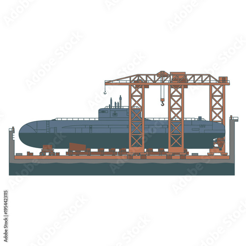 Industrial Shipbuilding A Submarine Undergoing Construction in a Dry Dock with a Large Gantry Crane