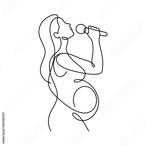 Minimal line art of a pregnant woman singing into a microphone in an elegant pose on a clean background. Voice expression, emotional connection and creative maternal lifestyle concept vector illustrat